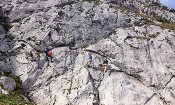 Sport climbing course in an alpine atmosphere below the Alpspitze