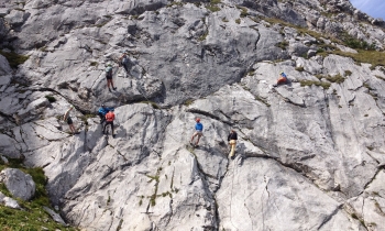 Sport climbing course in an alpine atmosphere below the...